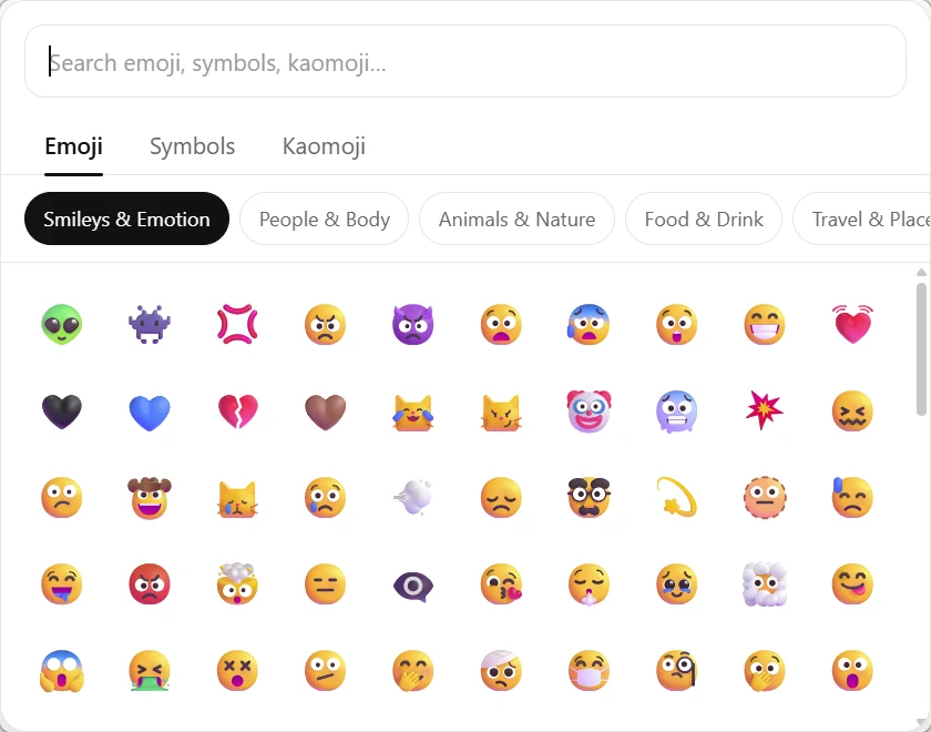 GlyphJet browsing emoji in the Smileys and Emotion category