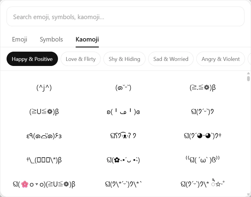 GlyphJet browsing kaomoji in a three-column text grid
