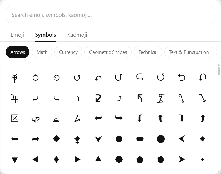 GlyphJet browsing Unicode symbols in the Arrows category